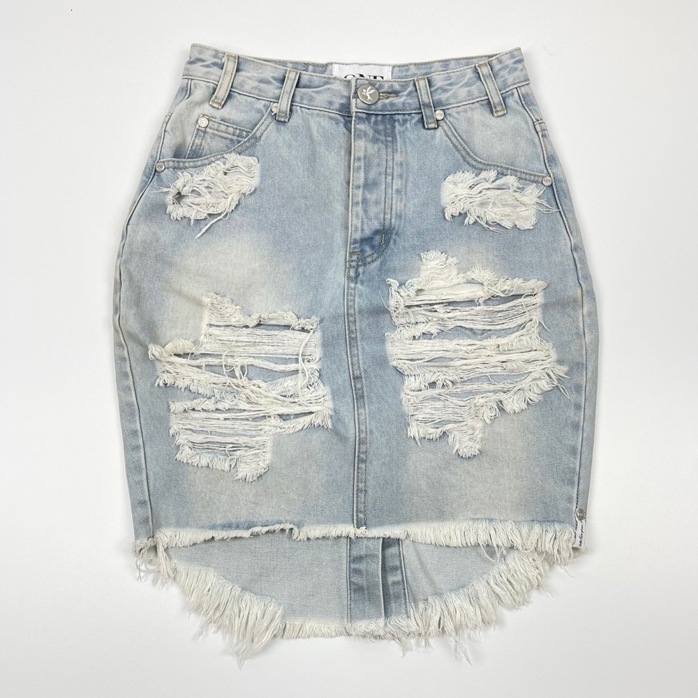 One Teaspoon XS Denim Pencil Skirt Raw Hem US24